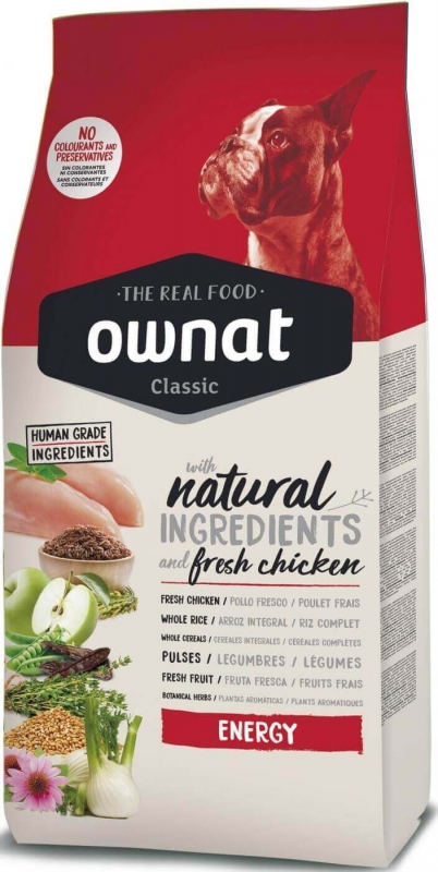croquette chien Ownat Classic Energy Ingrédients naturels sans colorant ni conservateur avec chien boxer sur le sachet