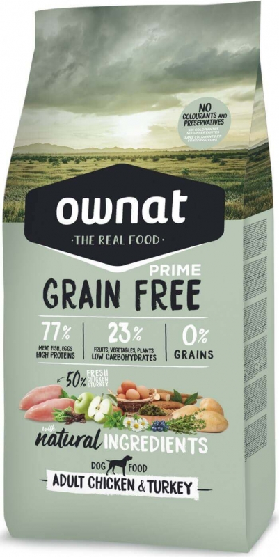 croquette chien Ownat Prime Grain Free 77% de protéines pour chien Adulte Poulet et Dinde