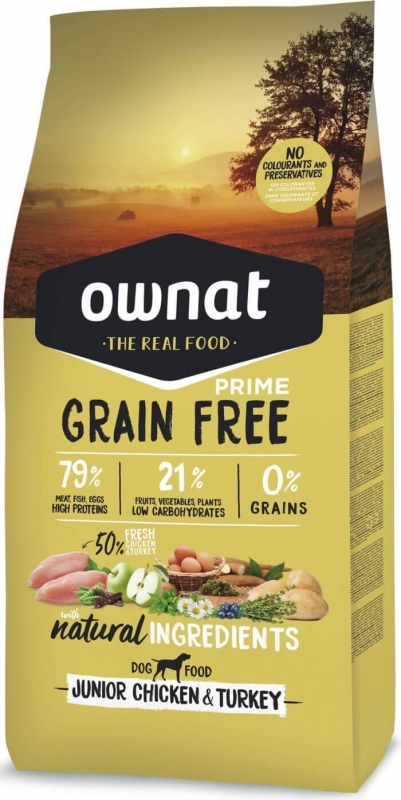 grainfreejunior croquette chien Ownat Prime Grain Free 79% de protéines pour chien Junior Poulet et Dinde