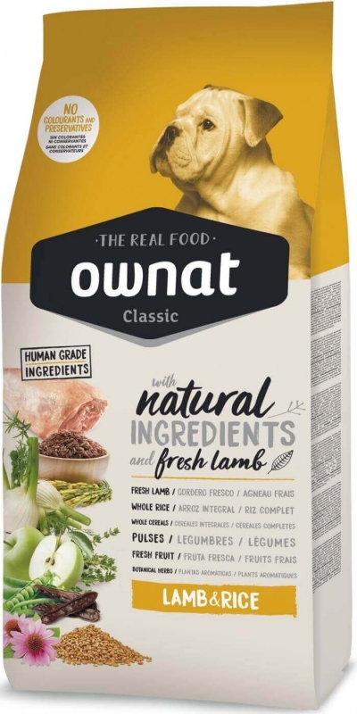 croquette chien Ownat Classic Agneau et Riz Ingrédients naturels sans colorant ni conservateur avec chien bulldog sur le sachet